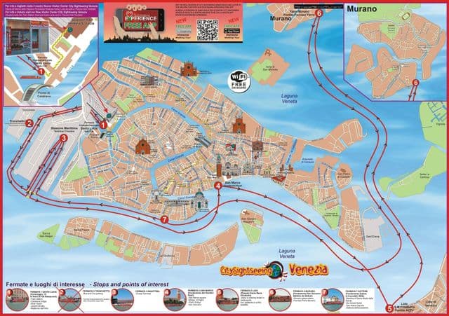 Mapa de excursões de autocarro Veneza Hop On Hop Off