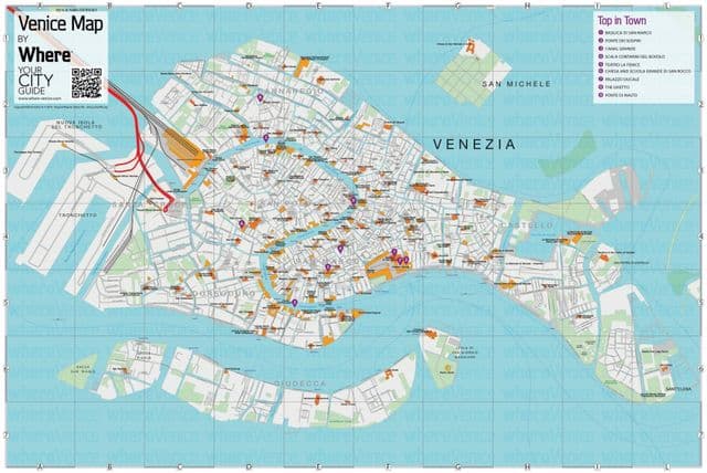 Mapa de passeios a pé em Veneza